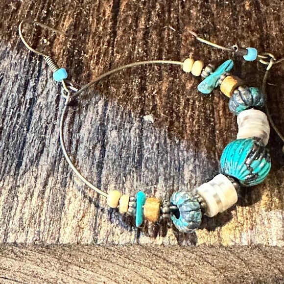 Handmade Western Hippie Copper Wire Turquoise Wooden Beads Drop Earrings, Gift - Picture 2 of 8